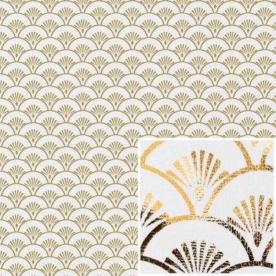 Tissu Canvas Eventails dorés sur fond Blanc - Par 10 cm