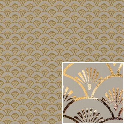 Tissu Canvas effet Lin Eventails dorés sur fond Naturel - Par 10 cm