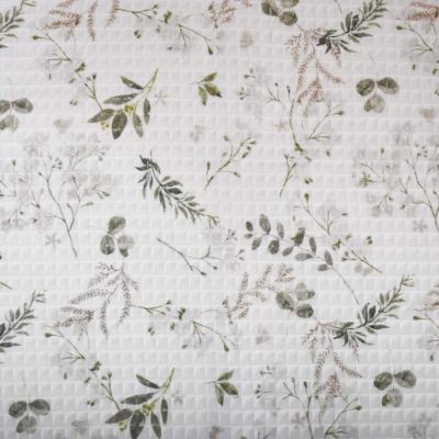 Tissu Nid d&#039;abeille floral Azaya sauge sur fond Blanc - Par 10 cm