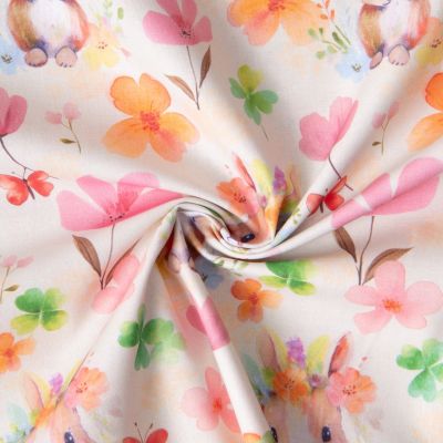 Tissu Coton imprimé digital Lapin fleuris Bellia sur fond Rose pâle - Par 10 cm