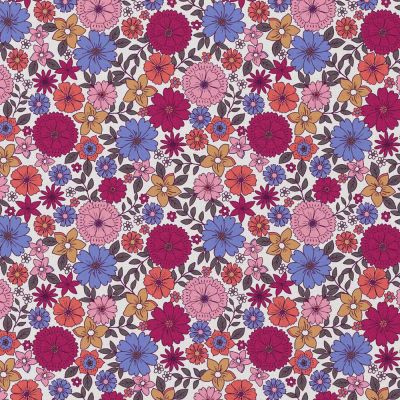 Tissu Coton enduit Brigia fleuris framboise sur fond Blanc - Par 10 cm