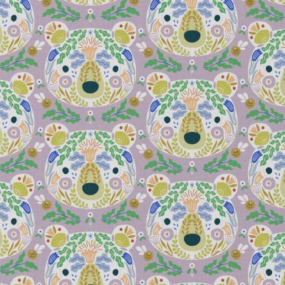 Tissu Coton imprimé Byrnison vert sur fond Lilas - Par 10 cm