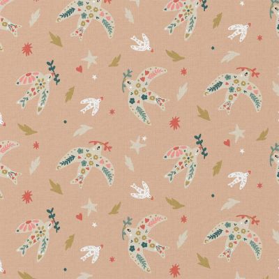 Tissu Coton imprimé Celeste oiseau sur fond Rose poudré - Par 10 cm