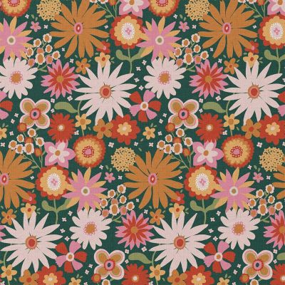 Tissu Coton enduit Childhood fleuris sur fond Vert - Par 10 cm