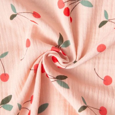 Tissu Double gaze de Coton Cerises Claf sur fond Pêche - Par 10 cm