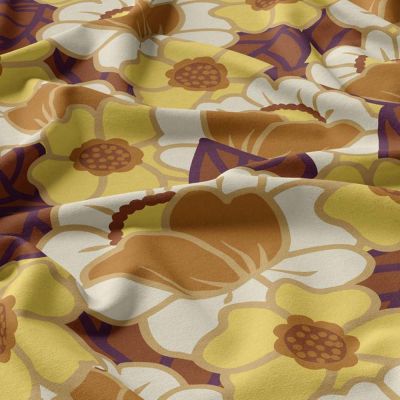 Tissu Viscose imprimé Clemone fleuris jaune sur fond Ecru - Par 10 cm