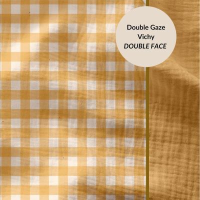 Tissu Double gaze Carreaux Vichy Moutarde - Par 10 cm
