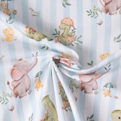 Tissu Coton imprimé digital Arty Dino et éléphants rayé bleu sur fond Blanc - Par 10 cm