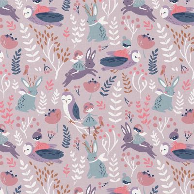 Tissu Coton imprimé Arty Fée des bois sur fond Parme - Par 10 cm