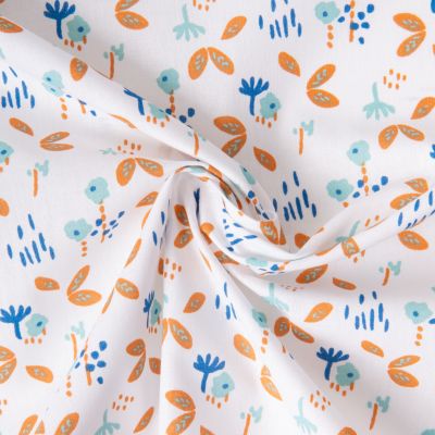 Tissu Coton imprimé Fuzy motifs fleuris bleus et orange sur fond Blanc - Par Coupon de 3m