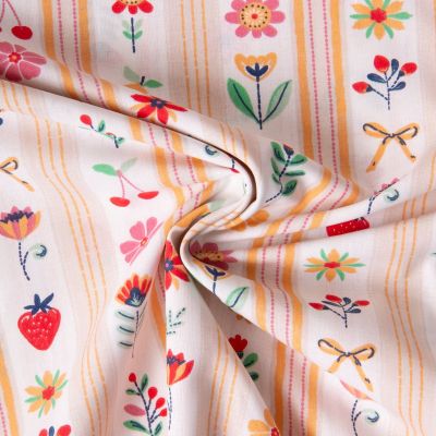 Tissu Coton imprimé Arty Fleuris et fraises Galy sur fond Ecru - Par 10 cm