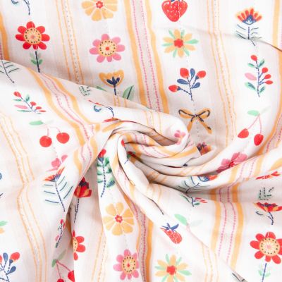 Tissu Coton Matelassé réversible Galy fleurs sur fond Blanc - Par 10 cm