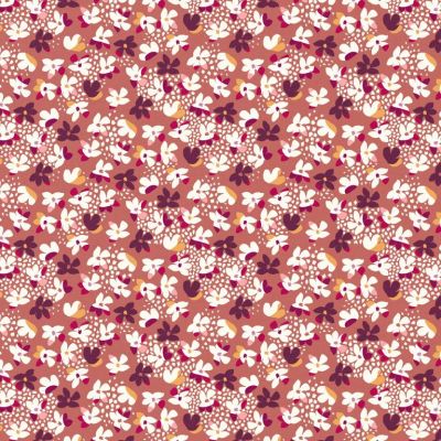Tissu Popeline de Coton Haneve fuité sur fond Vieux rose - Par 10 cm