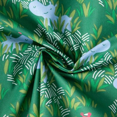 Tissu Coton imprimé Hippon Motifs enfants hippopotame nature sur fond Vert foncé - Par Coupon de 3m
