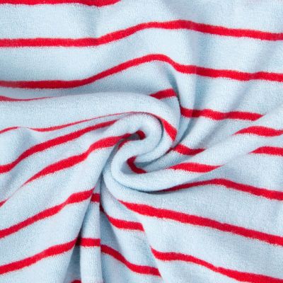 Tissu Jersey Eponge rayures Rouge sur fond Bleu ciel - Par 10 cm