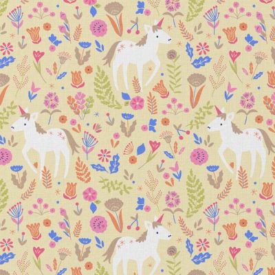 Tissu Coton enduit Licorne fleuris sur fond Jaune - Par 10 cm