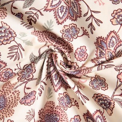Tissu Toile de Coton Fleuris Khonoa sur fond Ecru - Par 10 cm