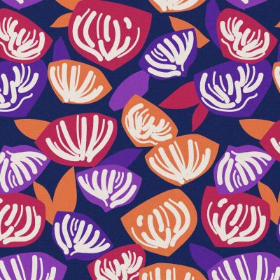 Tissu Coton enduit Kimso orange et violet sur fond Bleu marine - Par 10 cm