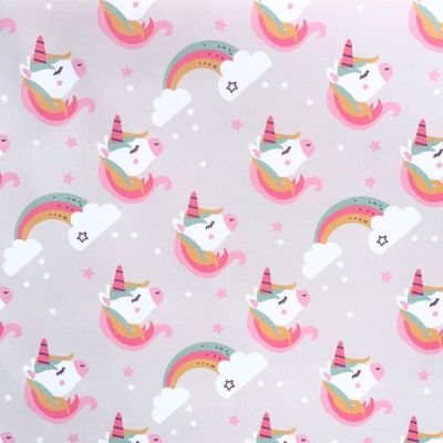 Tissu Imperméable déperlant Lilyane Licorne sur fond Bleu gris - Par 10 cm