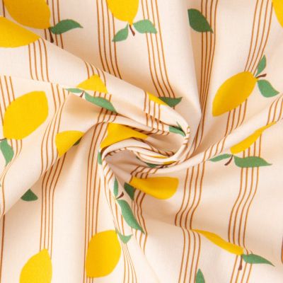 Tissu Coton imprimé Citrons jaunes et rayures sur fond Ecru - Par 10 cm
