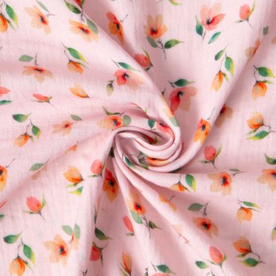 Tissu Double gaze de Coton digital Fleurs Miman sur fond Rose clair - Par 10 cm