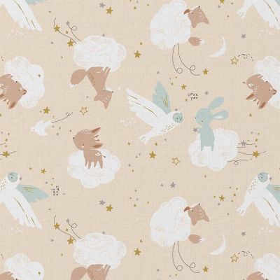 Tissu Coton imprimé Arty Mistou nuages et animaux sur fond Cassonade - Par 10 cm