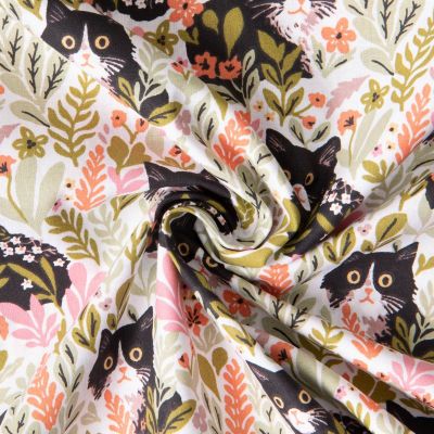 Tissu Coton imprimé Arty Chatons fleuris sur fond Blanc - Par 10 cm