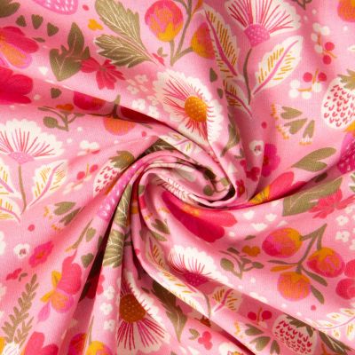 Tissu Coton imprimé Arty Fleuris Ostac sur fond Rose bonbon - Par 10 cm