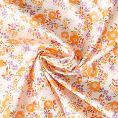 Tissu Imperméable déperlant Oxelis fleurs Orange et Violet sur fond Ecru - Par 10 cm