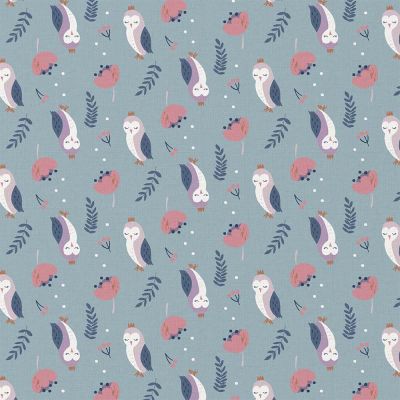Tissu Coton imprimé Arty Plumni chouettes sur fond Bleu ancien - Par 10 cm