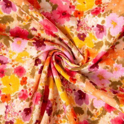 Tissu Double gaze de Coton digital Fleuris Rebecca sur fond Jaune pastel - Par 10 cm