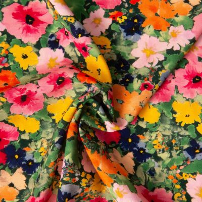 Tissu Viscose imprimé digital Arty Fleuris jaune, vert et rose sur fond Noir - Par 10 cm