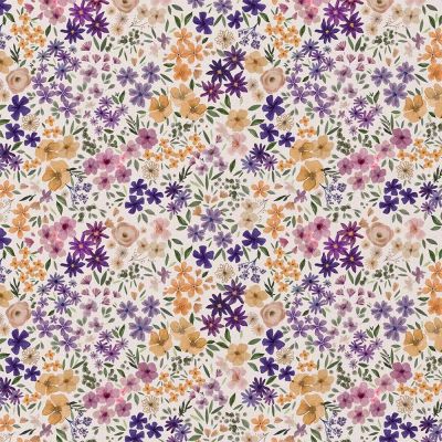 Tissu Coton imprimé digital Arty Romane fleuris jaune et lilas sur fond Ecru - Par 10 cm