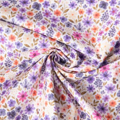 Tissu Coton imprimé digital Fleuris Rozena lilas sur fond Ecru - Par 10 cm
