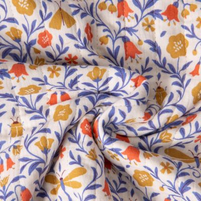 Tissu Double gaze de Coton Matelassé réversible Scara fleuris sur fond Ecru - Par 10 cm