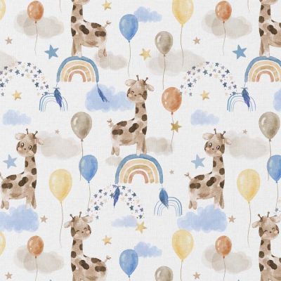 Tissu Coton digital LittleBird Girafe et ballon sur fond Blanc - Par 10 cm