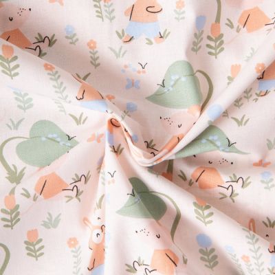 Tissu Coton imprimé Arty Souris et fleurs sur fond Rose pâle - Par 10 cm