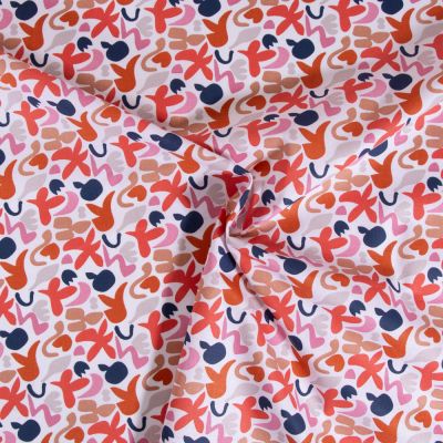 Tissu Coton imprimé Swigo Caramel et rose sur fond Blanc - Par 10 cm
