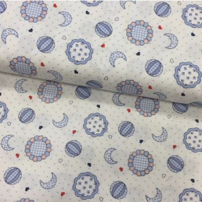 Tissu Popeline imprimée Blanc Lunes et ballons Bleues - Par 10 cm