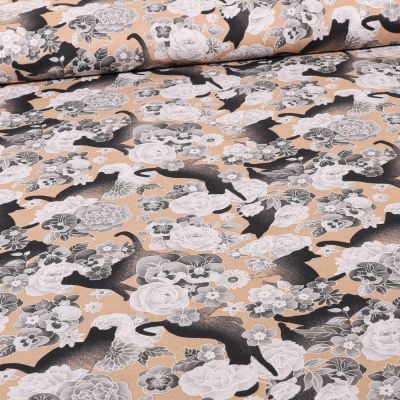 Tissu Coton imprimé Chats et fleurs sur fond Beige - Par 10 cm