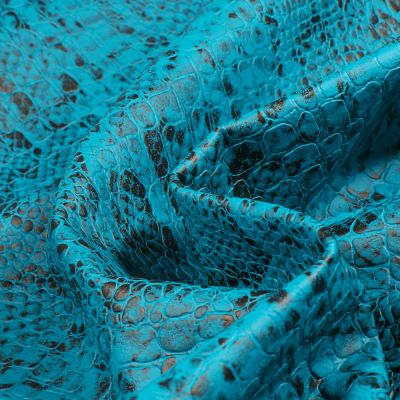 Tissu Simili cuir Croco snake  Noir mat sur fond Bleu canard - Par 10 cm