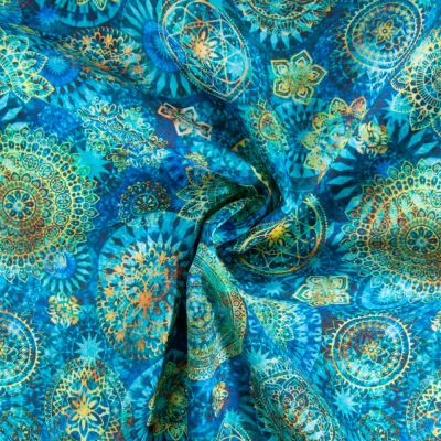 Tissu Coton imprimé Mandalas sur fond Bleu turquoise - Par 10 cm