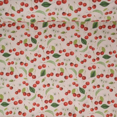 Tissu Toile de Coton aspect lin Cerises cherry sur fond Naturel - Par 10 cm