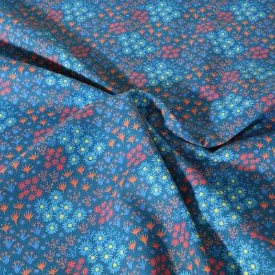 Tissu Popeline de Coton légère Fleuris sur fond Bleu canard - Par 10 cm