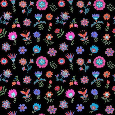 Tissu Coton imprimé Loulou fleuris sur fond Noir - Par 10 cm