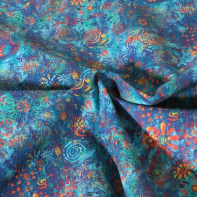 Tissu Popeline de Coton légère Esprit batik sur fond Bleu turquoise - Par 10 cm