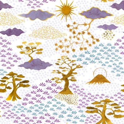 Tissu Coton imprimé Japonais n°1 sur fond Blanc - Par 10 cm