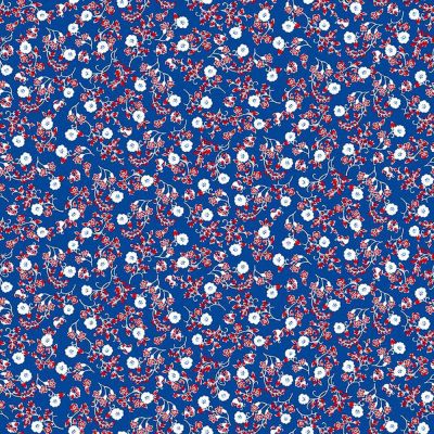 Tissu Voile de Coton Fleuris blanc et rouge sur fond Bleu - Par 10 cm