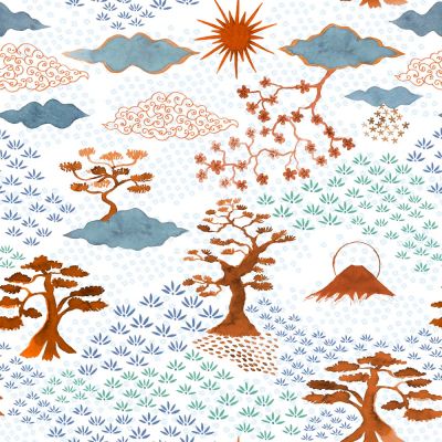 Tissu Coton imprimé Japonais n°2 sur fond Blanc - Par 10 cm