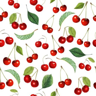 Tissu Coton imprimé Cerises rouges et feuilles vertes sur fond Blanc - Par 10 cm